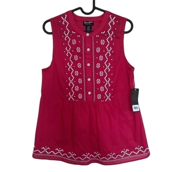 NWT Wrangler Hot Pink Retro Woven Embroidered Sleeveless Top Tank Size Small - Picture 2 of 8